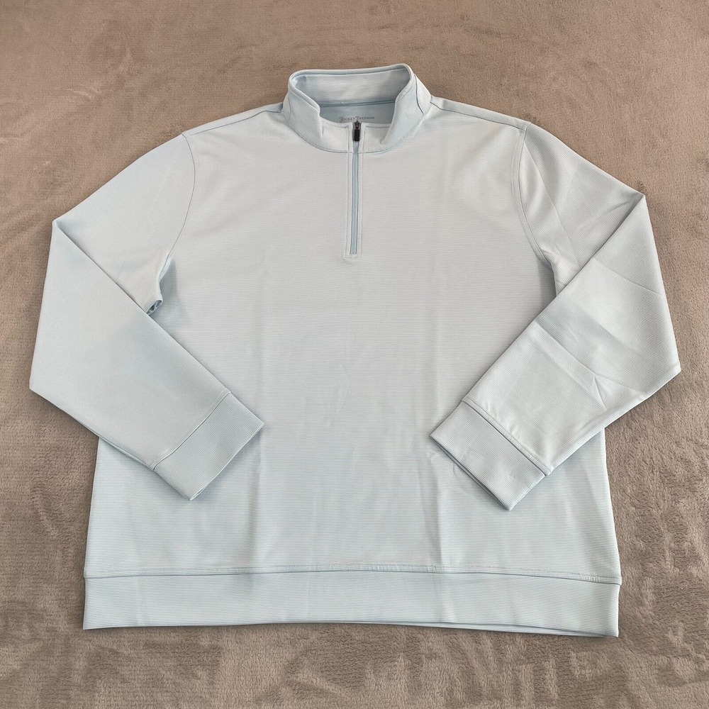 Hickey Freeman 1/4 Zip Pullover Sweater Men XL Sky Blue Striped Performance Golf